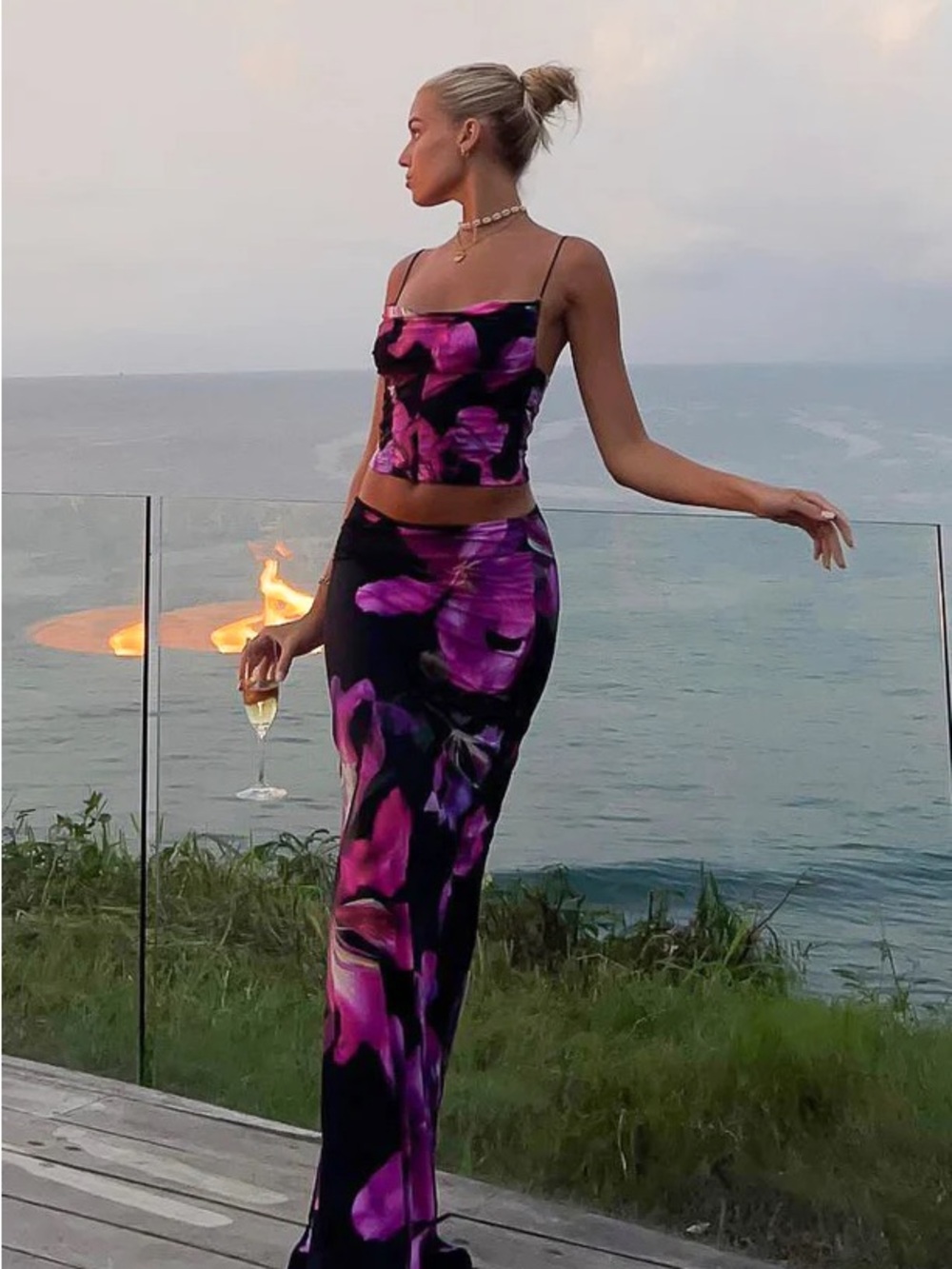 White Fox Boutique purple haze Maxi Skirt with Magenta Floral Print